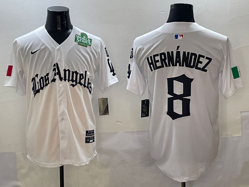 Men Los Angeles Dodgers 8 Hernandez White Five generations Joint Name 2025 Nike MLB Jersey style 6